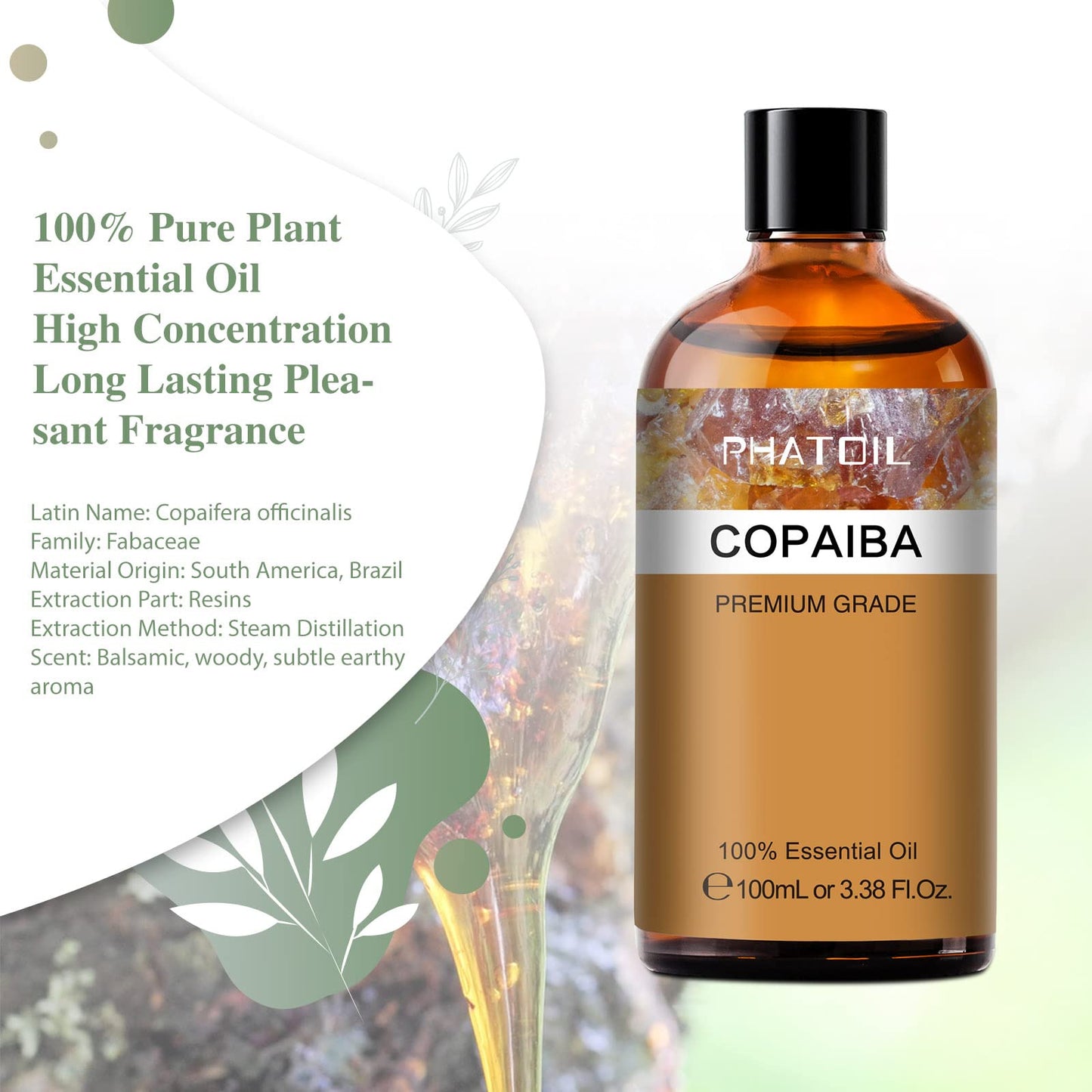 Copaiba Essential Oil 100ml (3.38fl.oz) | PHATOIL Pure Aromatherapy Oil for Diffuser, Humidifier, DIY Soap, Candle & Bath Bombs