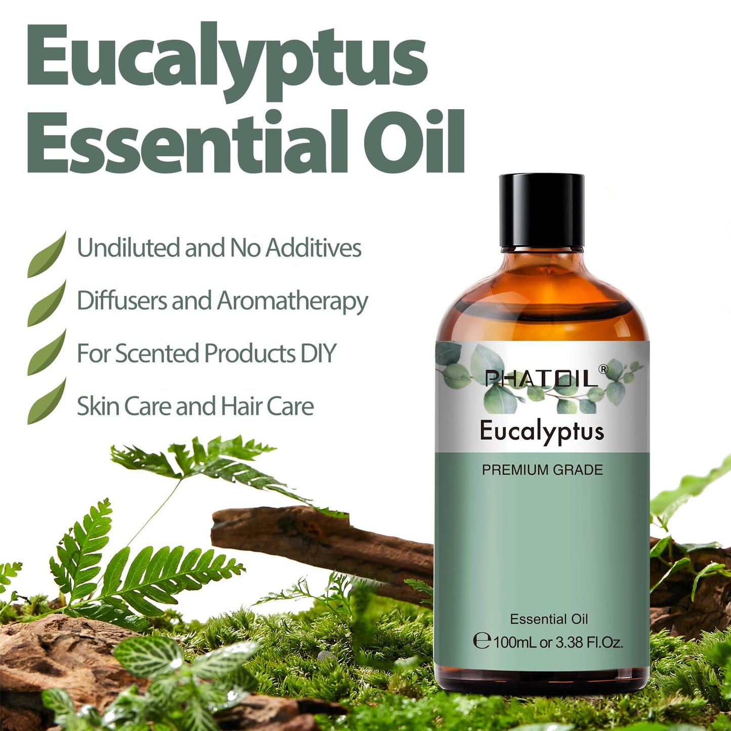 PHATOIL Pure Eucalyptus Essential Oil – 100% Pure Therapeutic Grade, 3.38 Fl Oz (100 ml)