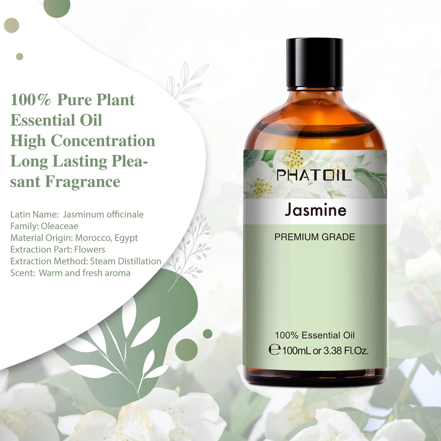 PHATOIL Jasmine Essential Oil 3.38 Fl Oz (100ml) with Glass Dropper