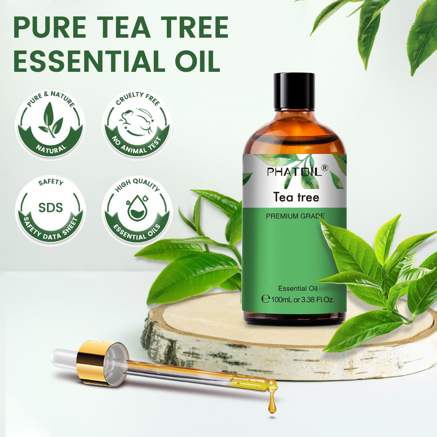 PHATOIL Pure Tea Tree Essential Oil - 3.38 fl oz | 100% Pure Therapeutic Grade