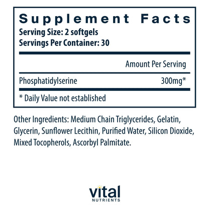Vital Nutrients Phosphatidylserine | 150mg Phosphatidylserine Supplement | Powerful Nootropic for Attention, Memory, and Mental Focus Support* | Gluten, Dairy, Soy Free | Non-GMO | 60 Softgels