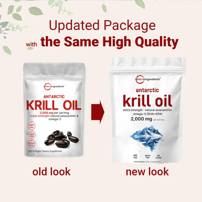 Micro Ingredients Antarctic Krill Oil - 2000mg/Serving, 240 Softgels, Omega-3 EPA/DHA & Astaxanthin