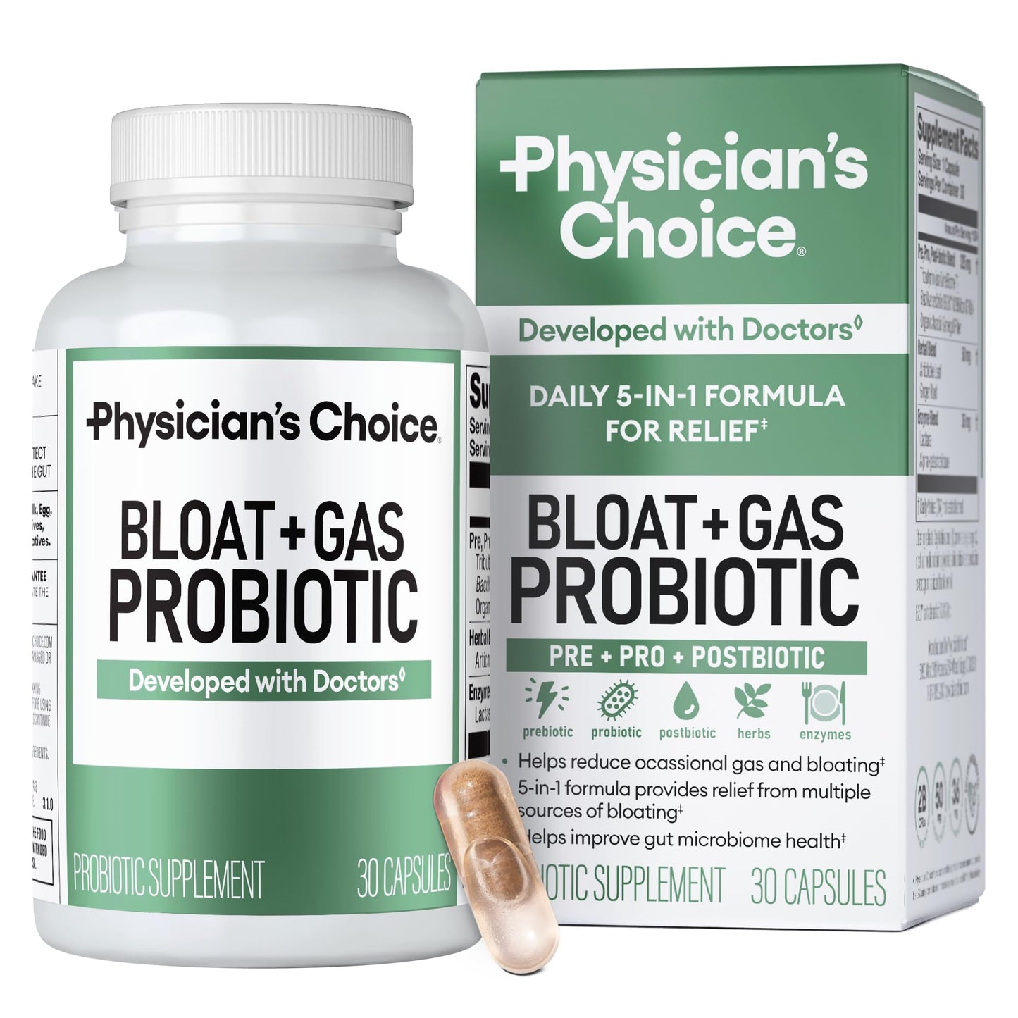 Physician's CHOICE Bloat & Gas Probiotic 30ct — 5-in-1 Digestive Support