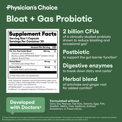 Physician's CHOICE Bloat & Gas Probiotic 30ct — 5-in-1 Digestive Support