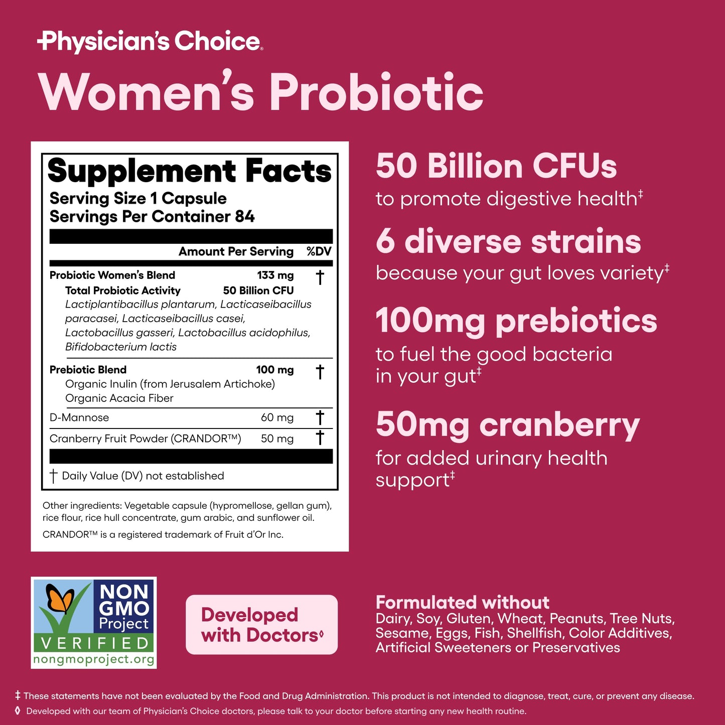 Physician's CHOICE Probiotics for Women - 50B CFU, 6 Strains, Cranberry + Organic Prebiotics - 84 CT