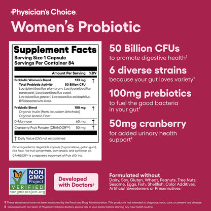 Physician's CHOICE Probiotics for Women - 50B CFU, 6 Strains, Cranberry + Organic Prebiotics - 84 CT