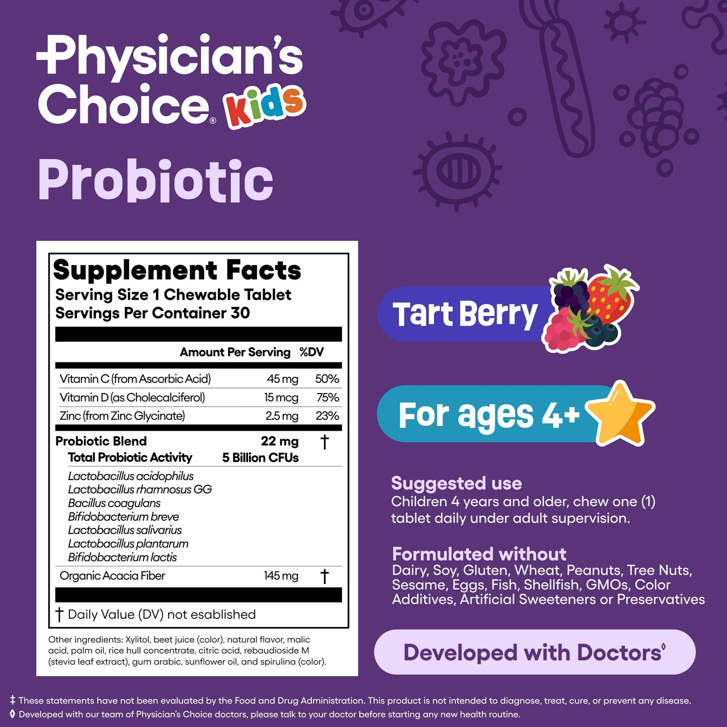 Physician's CHOICE Probiotics for Kids - 7 Diverse Strains, Organic Prebiotics, Vitamins & Minerals - Clinically Studied L. Rhamnosus GG - Immune & Digestive Support - No Sugar or Artificial Dyes