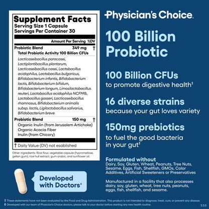 Physician's CHOICE 100 Billion Advanced Probiotic – 16 Strains + Organic Prebiotics | Digestive & Gut Health