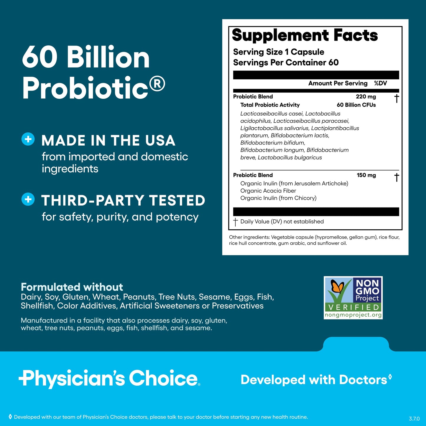 Physician's CHOICE Probiotics 60B CFU – 10 Strains + Organic Prebiotics | Immune & Digestive Health | 60 Count