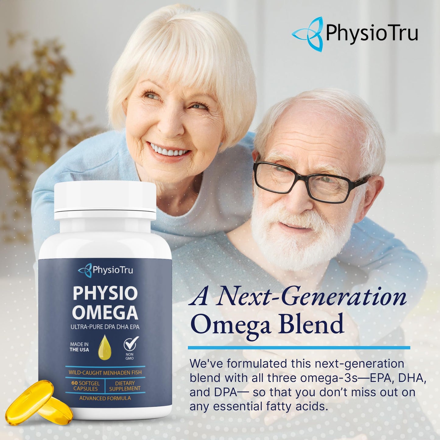 PhysioTru Omega 2400mg Fish Oil — EPA DHA DPA, Burpless, Light Citrus Flavor, Sustainably Sourced, 60 Softgels