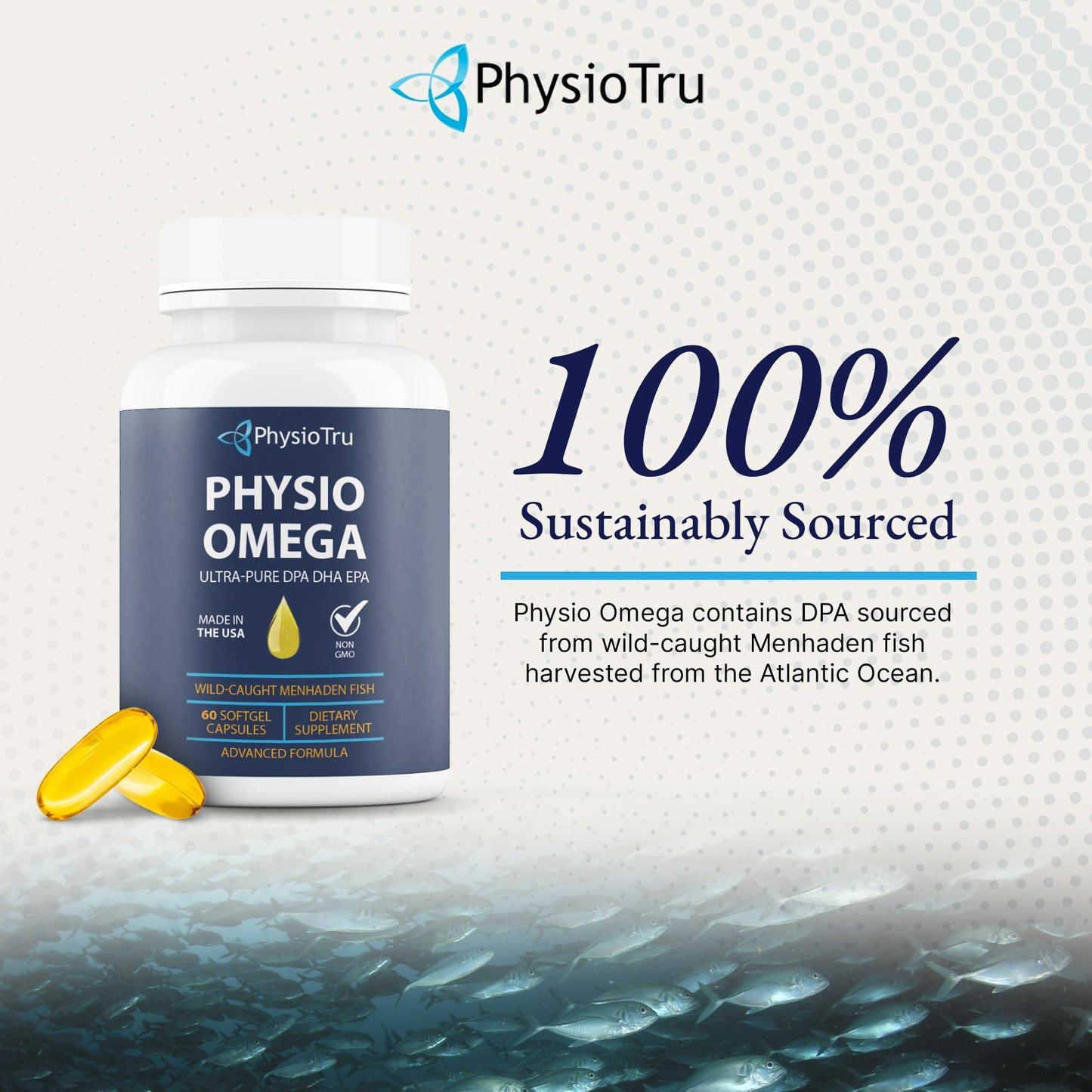 PhysioTru Omega 2400mg Fish Oil — EPA DHA DPA, Burpless, Light Citrus Flavor, Sustainably Sourced, 60 Softgels