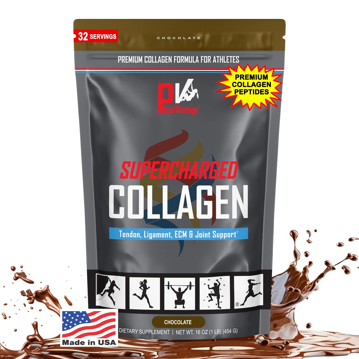 PhysiVantage Supercharged Collagen Peptides – Joints, Tendons & Skin (Chocolate, Grass-Fed, 16 oz)
