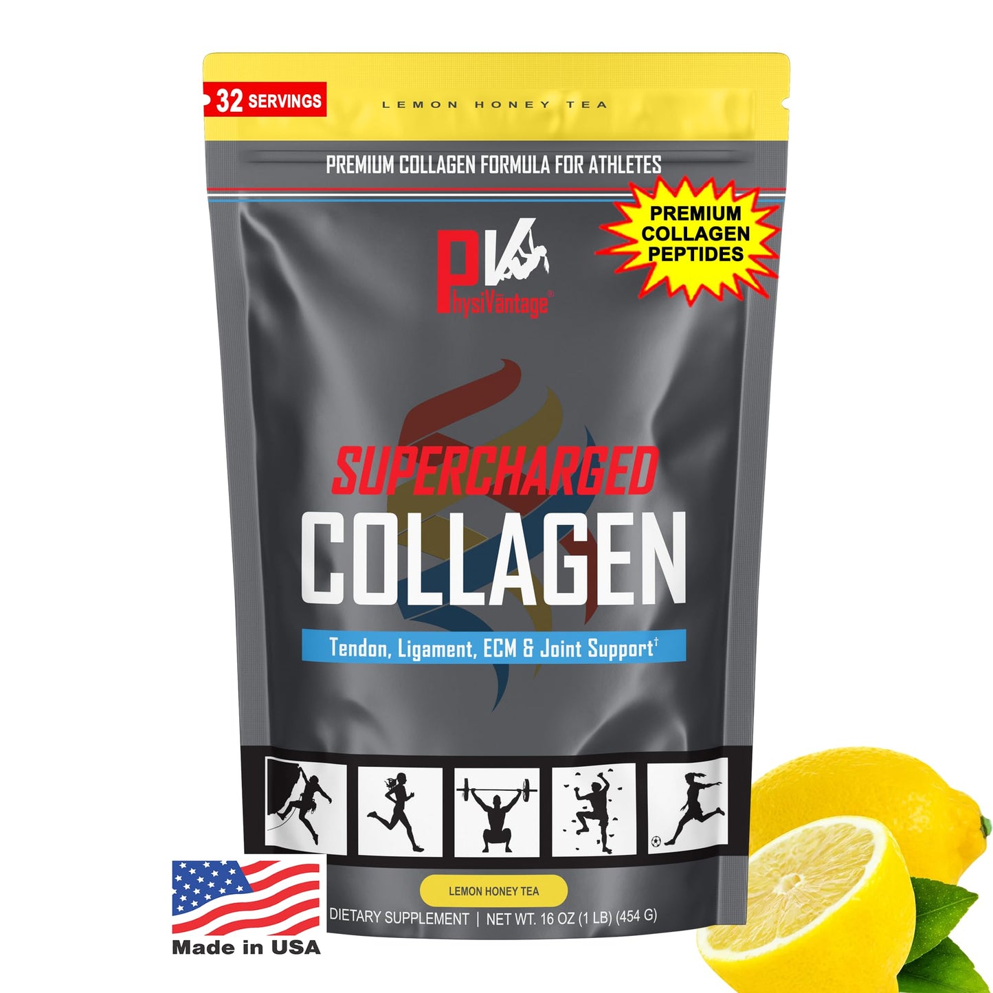 PhysiVantage Supercharged Collagen Peptides Powder – Hydrolyzed, Grass-Fed, Vitamin C & BCAAs (16 oz)