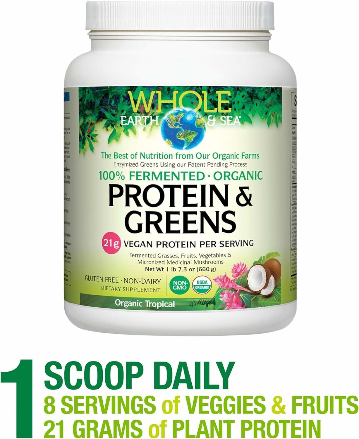 Whole Earth & Sea Organic Fermented Protein & Greens – Vegan Protein, Tropical, 1 lb 7.3 oz | Natural Factors