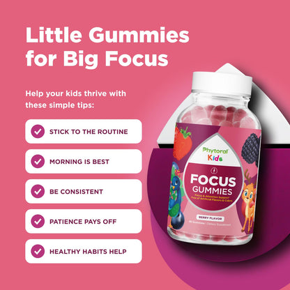 Phytoral Vegan Kids Focus Gummies - Brain Support for Children | Non-GMO & Gluten-Free | 60 Count