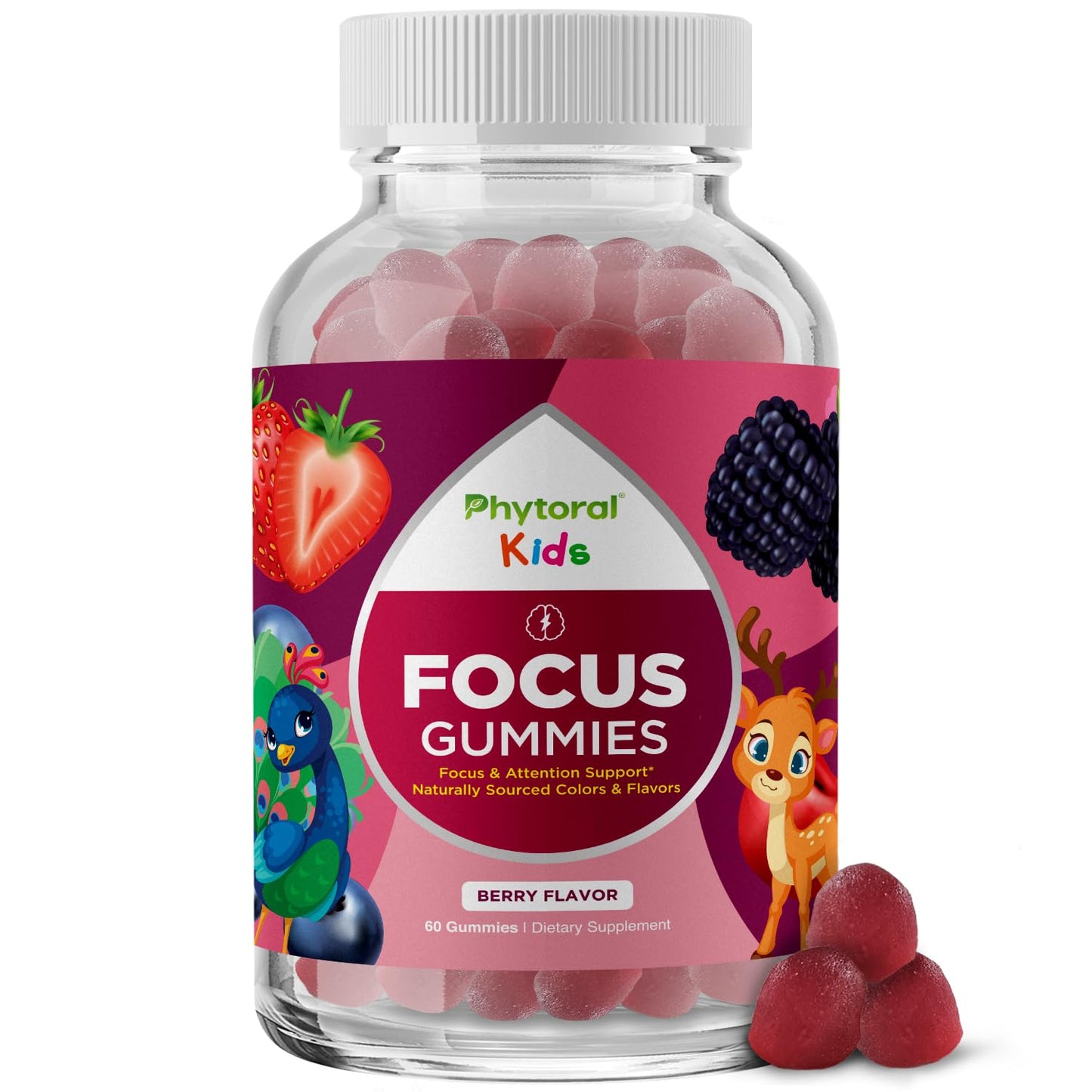 Phytoral Vegan Kids Focus Gummies - Brain Support for Children | Non-GMO & Gluten-Free | 60 Count