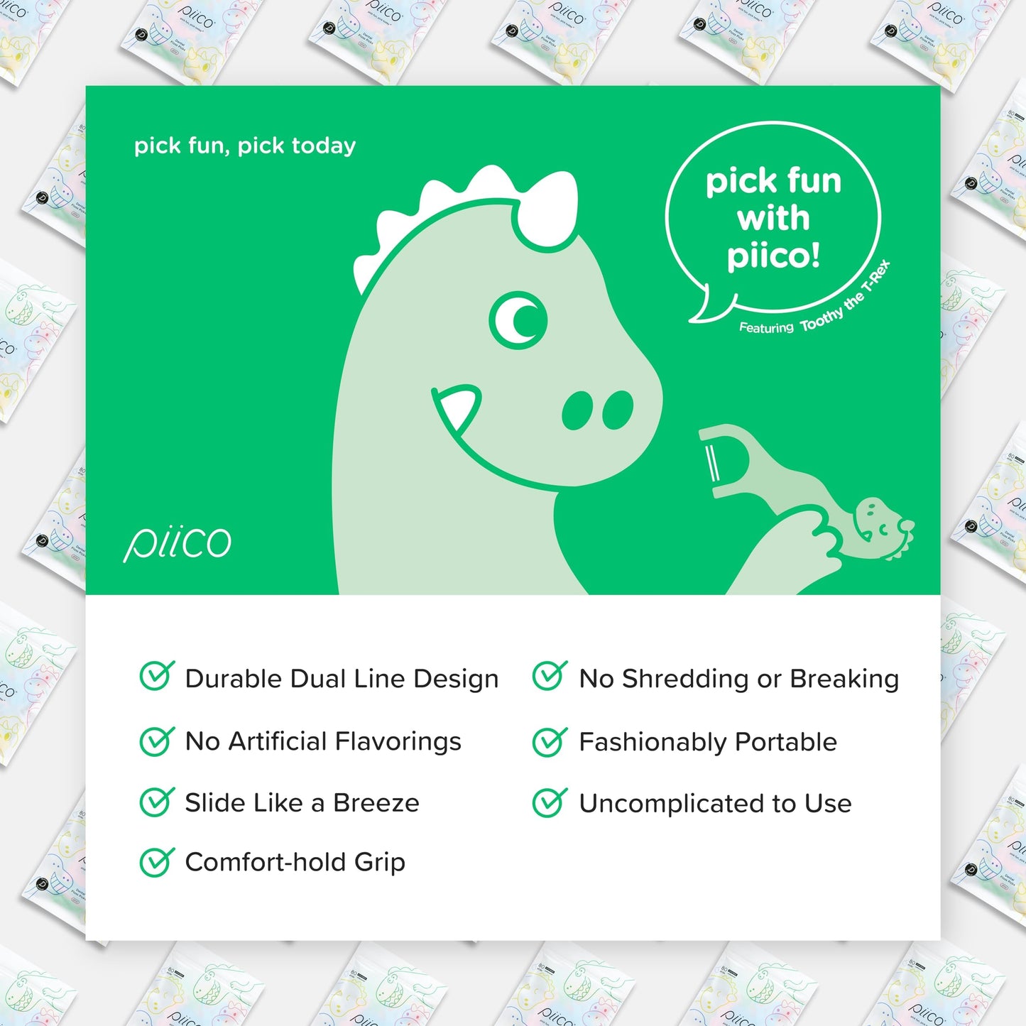 Piico No Flavor Kids Floss Picks - No Fluoride Dual-Line - 150 Dino Homebox