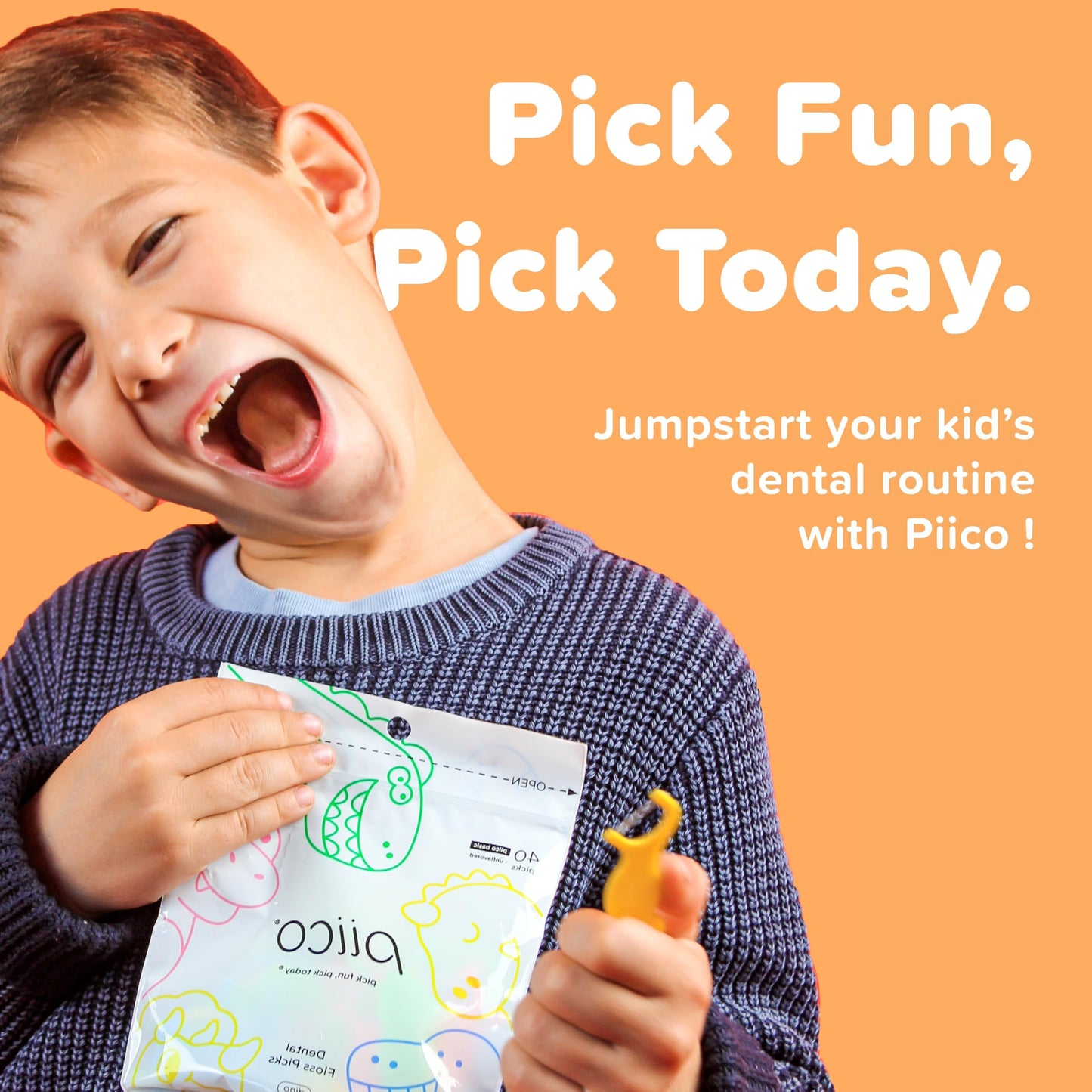 Piico No Flavor Kids Floss Picks - No Fluoride Dual-Line - 150 Dino Homebox