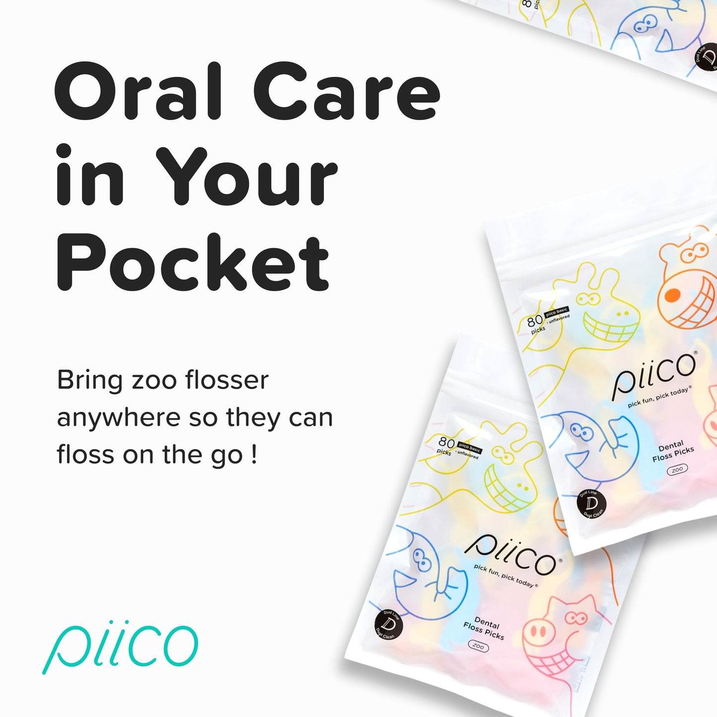 Piico Unflavored Kids Floss Picks – 80 Count Zoo Dual-Line Fluoride-Free