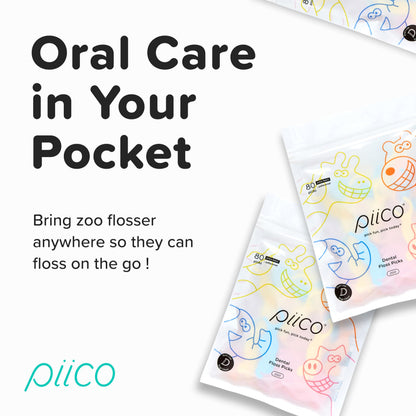 Piico Unflavored Kids Floss Picks – 80 Count Zoo Dual-Line Fluoride-Free