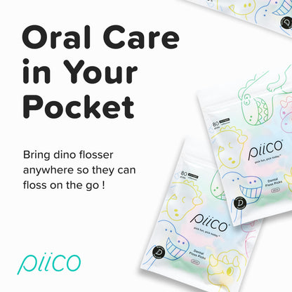 Piico No Flavor Kids Floss Picks - No Fluoride Dual-Line - 150 Dino Homebox