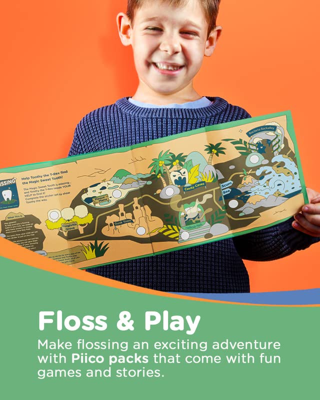 Piico Unflavored Kids Floss Picks - No Fluoride Twin-Line Dental Flossers | 300 Dino Playground & Travel Case