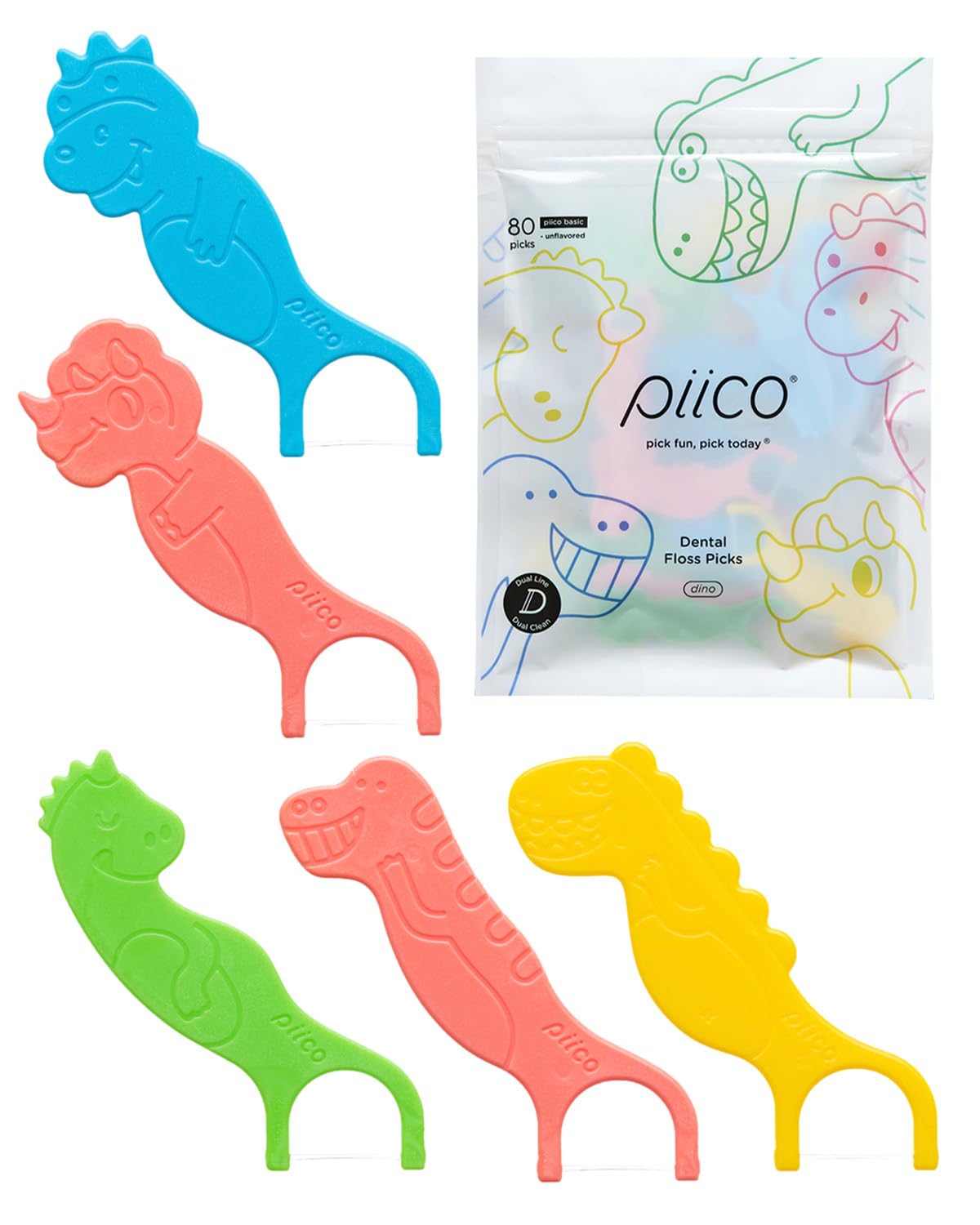 Piico Unflavored Kids Floss Picks - No Fluoride Dual Line, 80 Count Dino