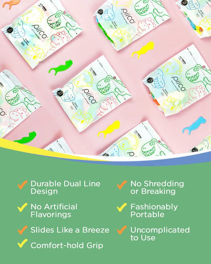 Piico Unflavored Kids Floss Picks - No Fluoride Twin-Line Dental Flossers | 300 Dino Playground & Travel Case