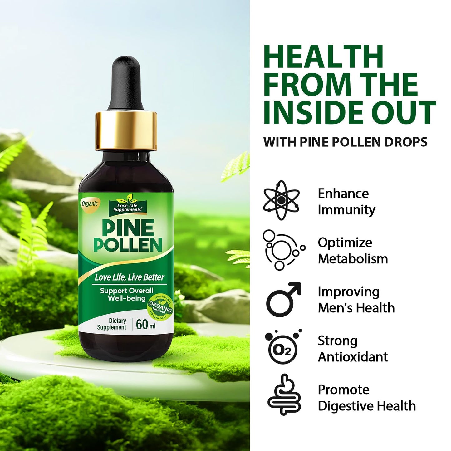 Pine Pollen Tincture Drops - Immune & Energy Support | Sugar-Free Vegan 60mL | Love Life Supplements