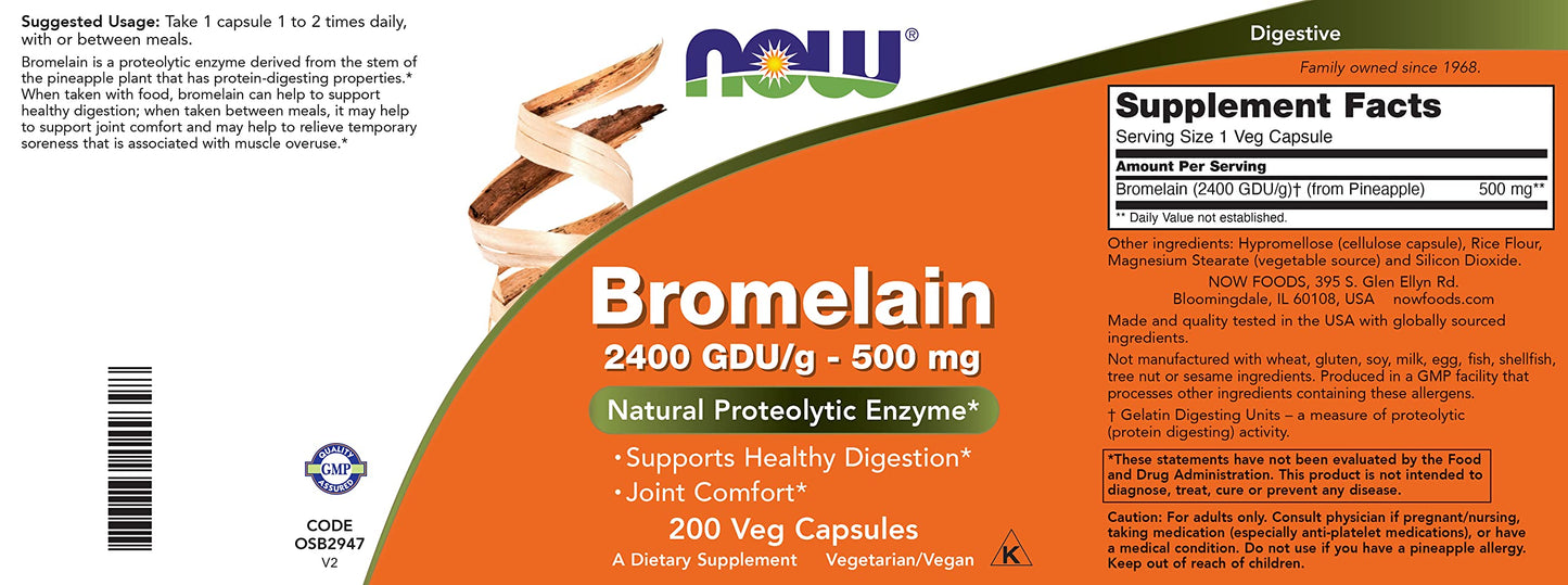 Now Bromelain 500 mg – 200 Veg Capsules (Pack of 2) Non-GMO, Vegan | Now Foods