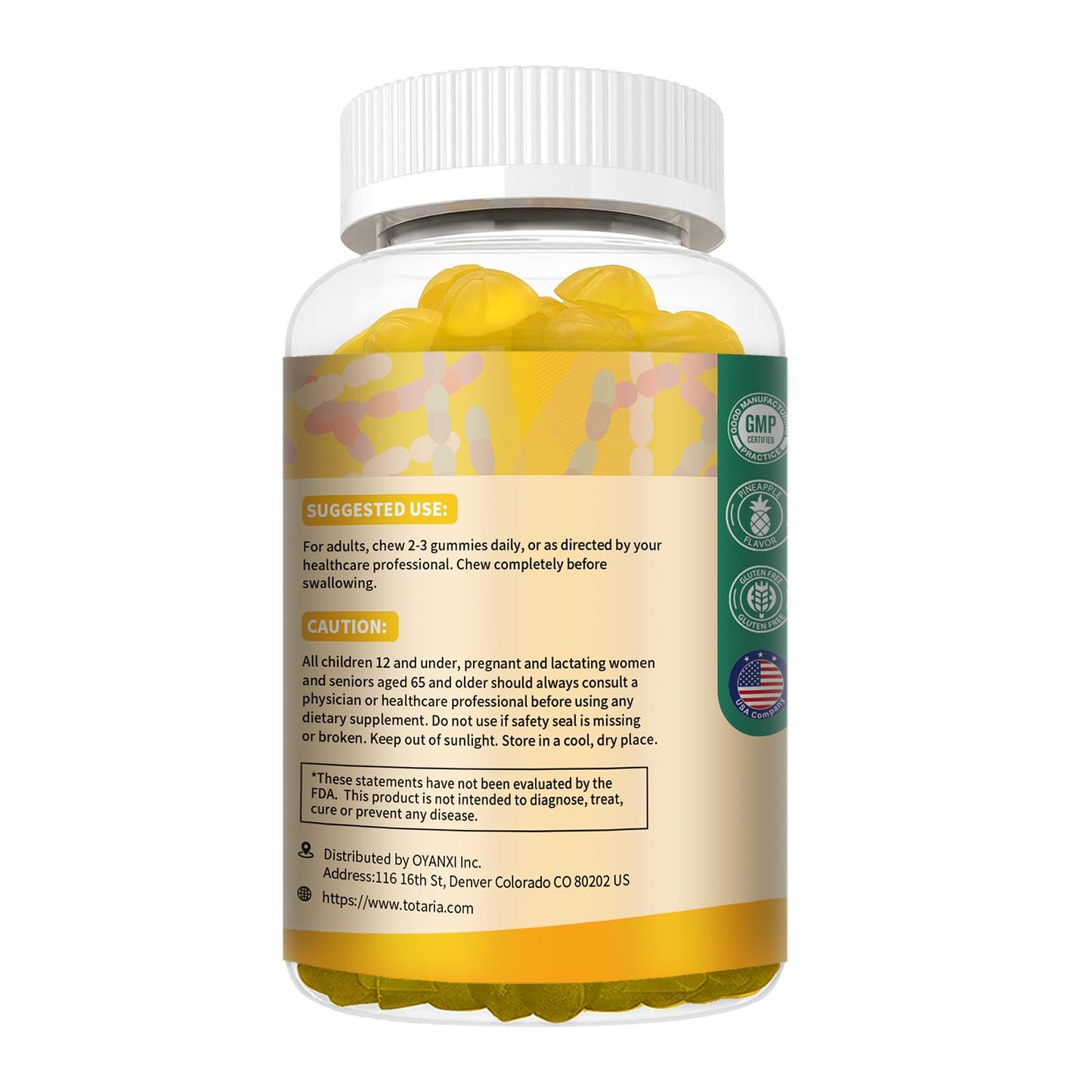 Totaria Probiotic Fiber Gummies – Pineapple Flavor, 60 Gummies per Bottle, 2 Bottles