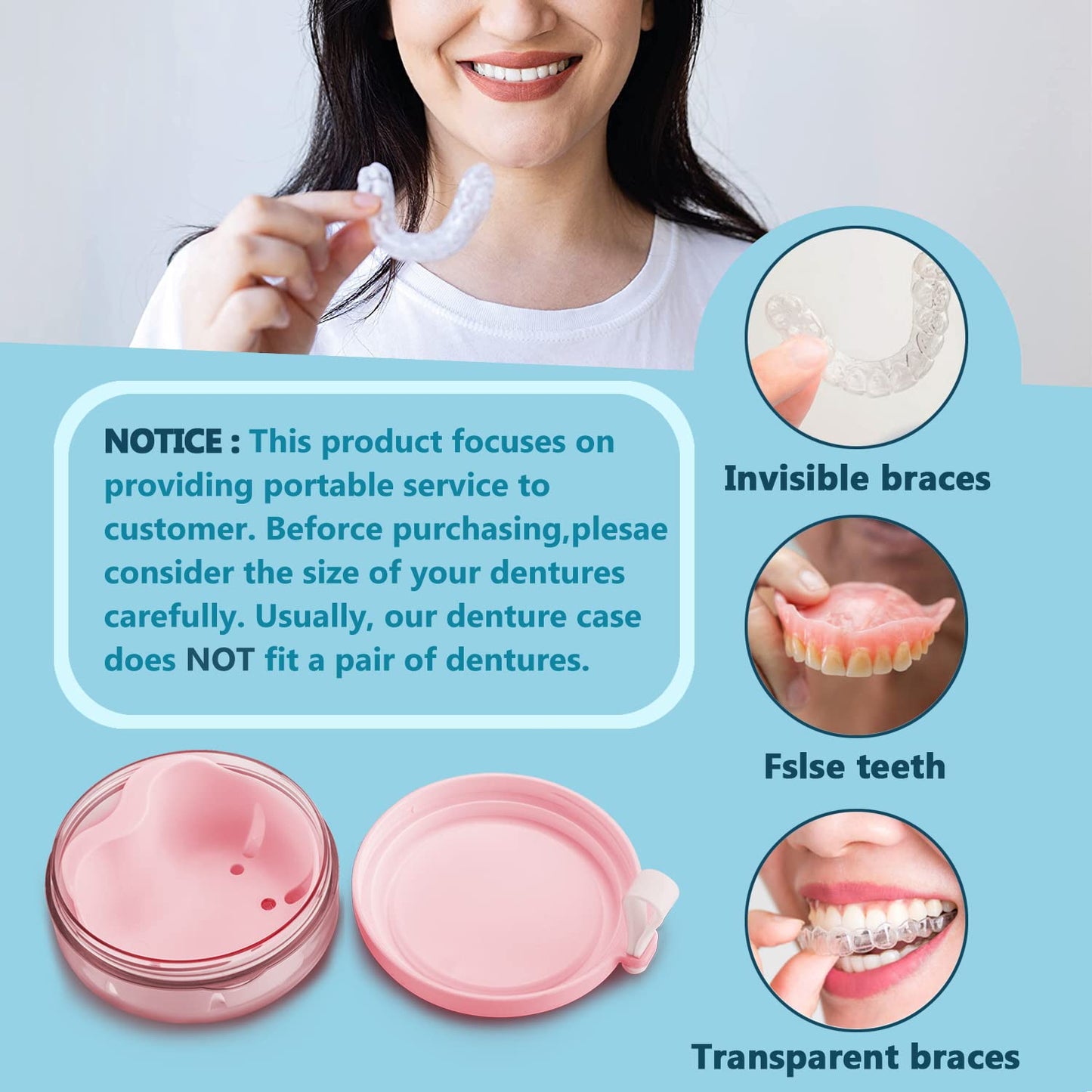 Pink Denture Case with Brush – 100% No-Leak Travel Retainer Box, Mirror & Strainer for Retainer, Mouth Guard, Aligner