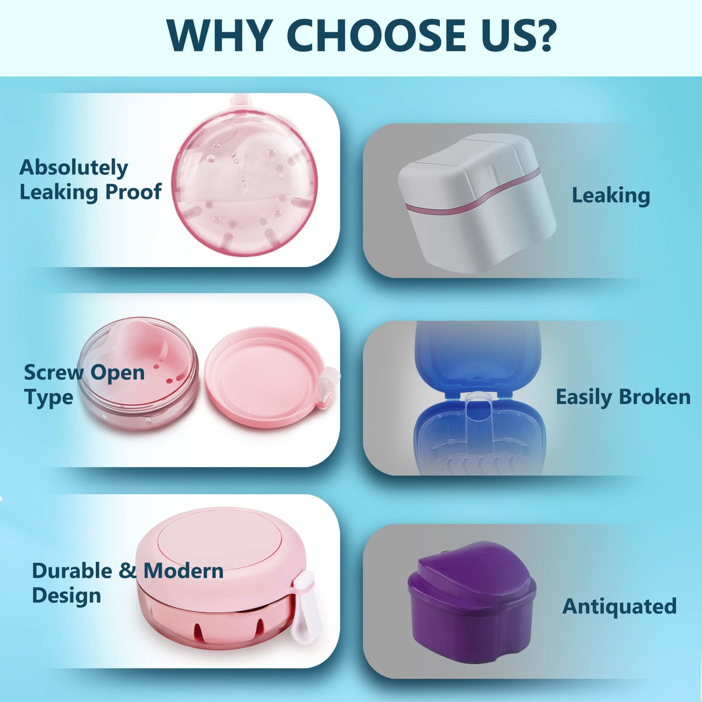 Pink Denture Case with Brush – 100% No-Leak Travel Retainer Box, Mirror & Strainer for Retainer, Mouth Guard, Aligner