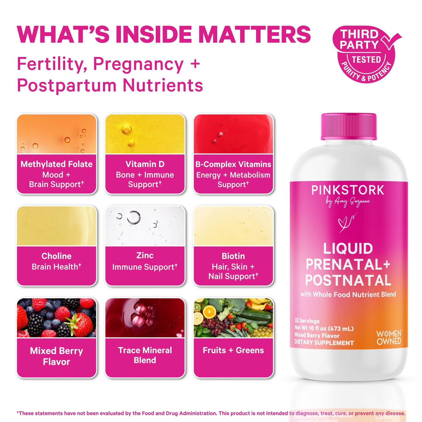 Pink Stork Liquid Prenatal Vitamins for Women – Berry Flavor, Organic Whole-Food Blend, 32 Servings
