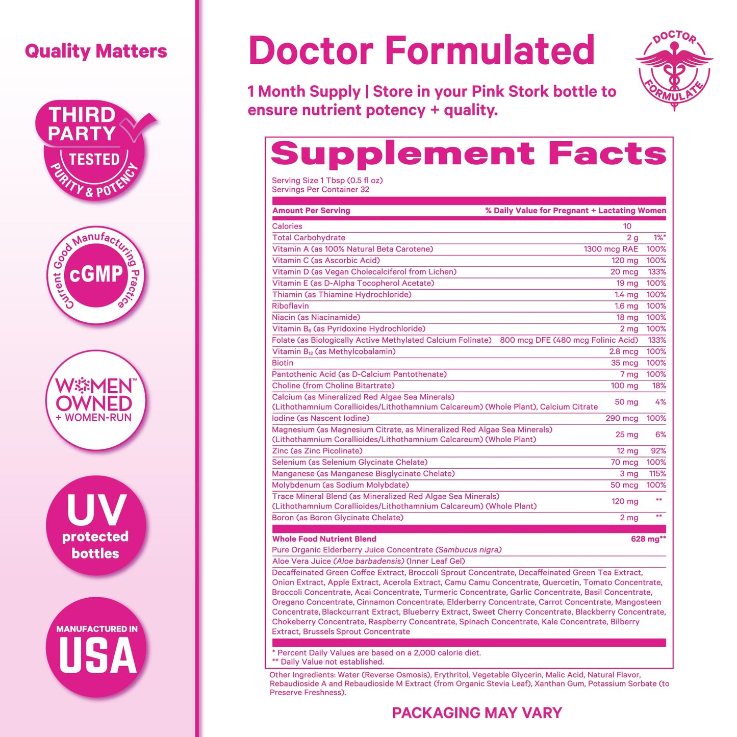 Pink Stork Liquid Prenatal Vitamins for Women – Berry Flavor, Organic Whole-Food Blend, 32 Servings