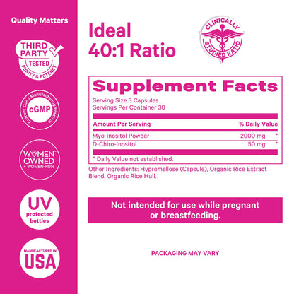Pink Stork Myo-Inositol & D-Chiro Inositol Supplement – Hormonal Balance for Women, 40:1 Ratio, 180 Capsules