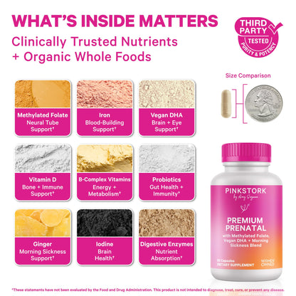 Pink Stork Premium Prenatal Vitamins – Organic Whole-Food Blend with Methylated Folate, Choline & Vegan DHA