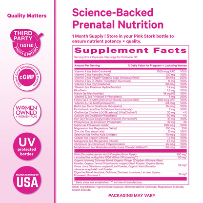 Pink Stork Premium Prenatal Vitamins – Organic Whole-Food Blend with Methylated Folate, Choline & Vegan DHA