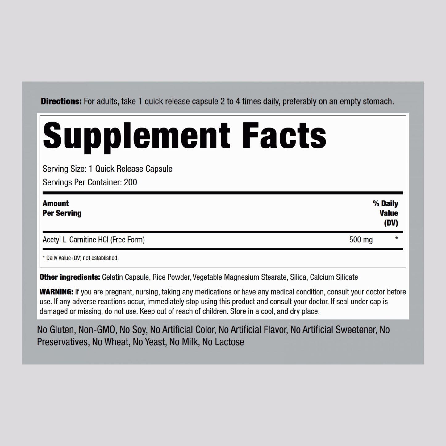Piping Rock Acetyl L-Carnitine HCL 500 mg – 200 Capsules | Non-GMO & Gluten Free