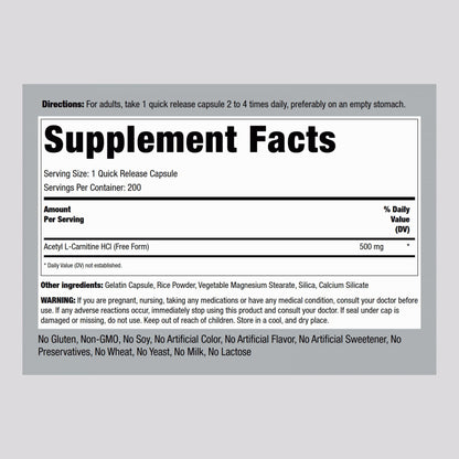 Piping Rock Acetyl L-Carnitine HCL 500 mg – 200 Capsules | Non-GMO & Gluten Free