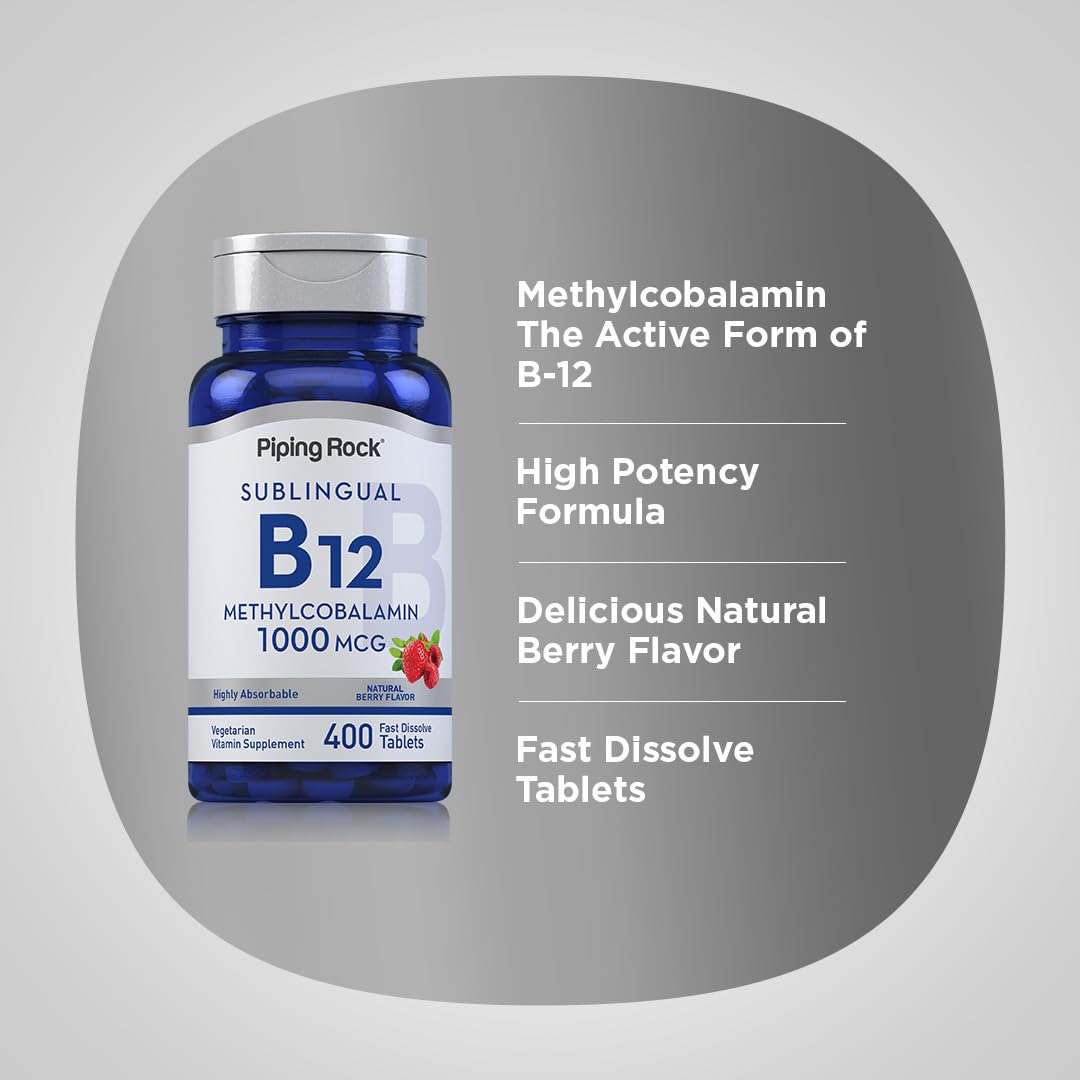 Piping Rock Vitamin B12 Sublingual Tablets 1000 mcg – Berry, 400 Pills (Pack of 2)