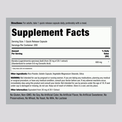 Piping Rock Banaba Leaf Extract Capsules 600mg - 200 Count | Corosolic Acid