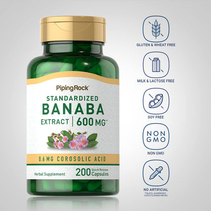 Piping Rock Banaba Leaf Extract Capsules 600mg - 200 Count | Corosolic Acid