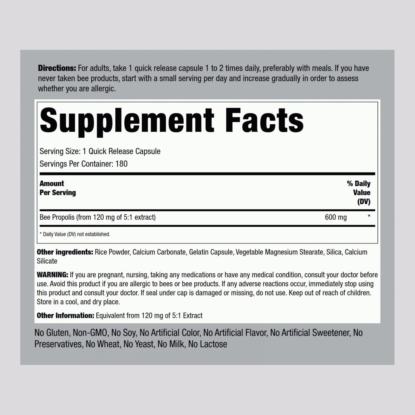 Piping Rock Bee Propolis Capsules 600mg | 180 Pills | Pack of 2 | Non-GMO