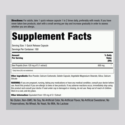 Piping Rock Bee Propolis Capsules 600mg | 180 Pills | Pack of 2 | Non-GMO