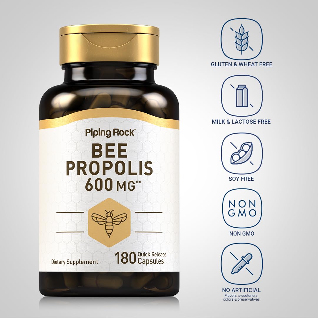 Piping Rock Bee Propolis Capsules 600mg | 180 Pills | Pack of 2 | Non-GMO