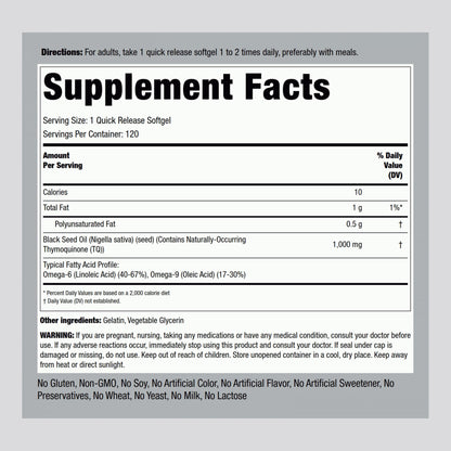 Piping Rock Black Seed Oil Softgel Capsules | 1000mg | 120 Pills | Cold Pressed Supplement | Nigella Sativa | Solvent Free, Non-GMO, Gluten Free