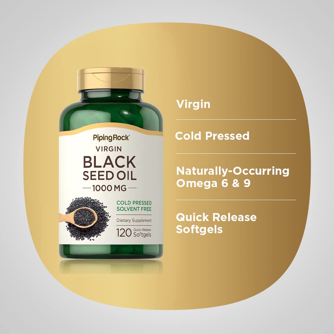Piping Rock Black Seed Oil Softgel Capsules | 1000mg | 120 Pills | Cold Pressed Supplement | Nigella Sativa | Solvent Free, Non-GMO, Gluten Free