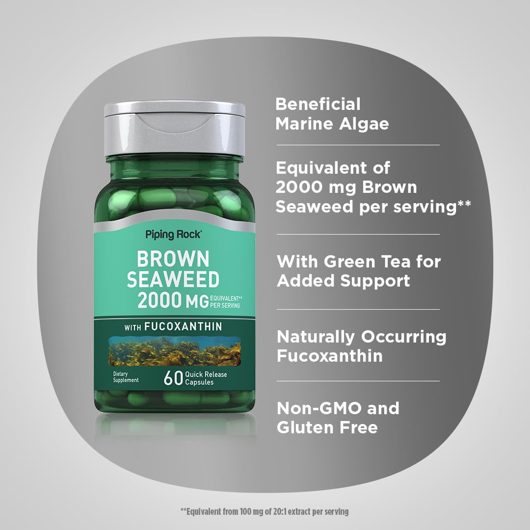 Piping Rock Brown Seaweed Capsules 2000mg – 60 Count | Fucoxanthin Extract | Non-GMO & Gluten Free