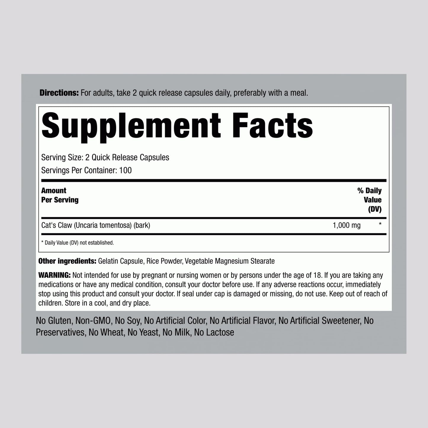 Piping Rock Cat's Claw Capsules 1000mg | 200 Count | UNA De Gato | Herbal Supplement | Non-GMO, Gluten Free